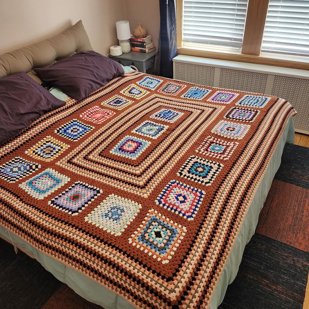 VTG Handmade Granny Square Crochet Afghan Blanket 65x85 Retro Boho Full Queen